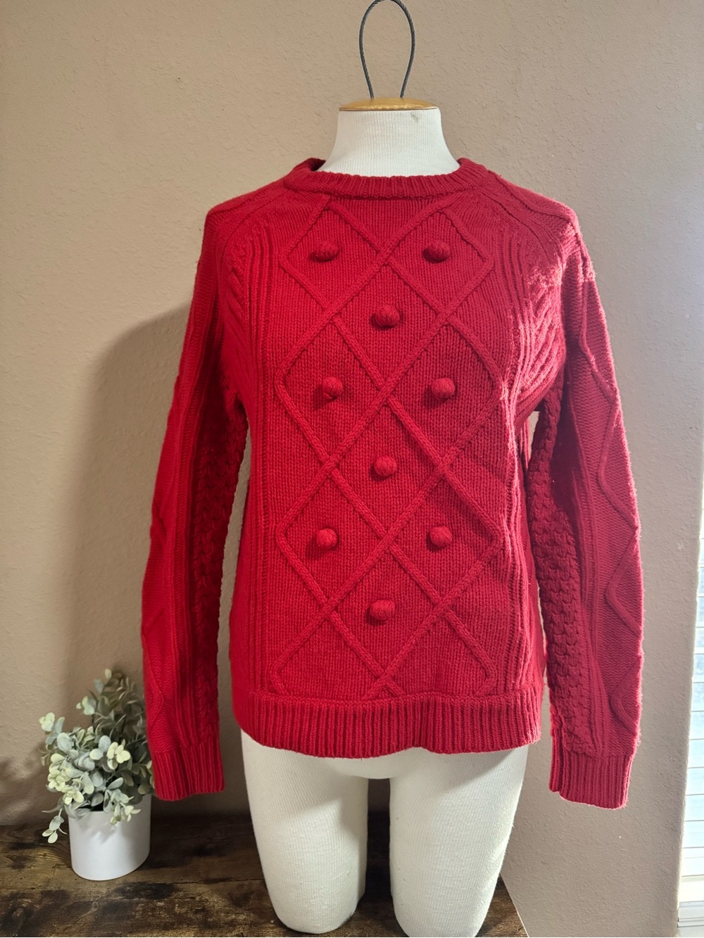 J. Crew 100% Wool Red Pom-Pom Cable Knit Crewneck Sweater